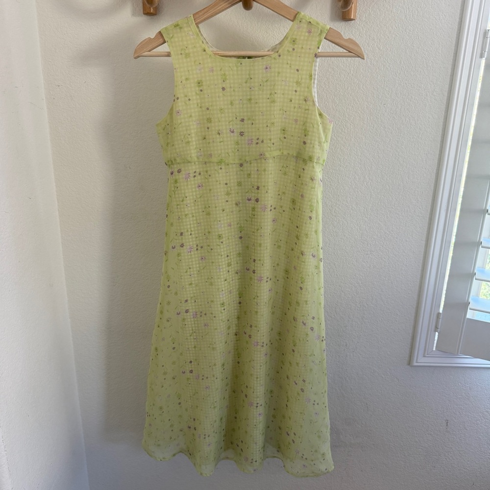 Y2K vintage girls Green floral gingham midi maxi dress size 12 cottagecore